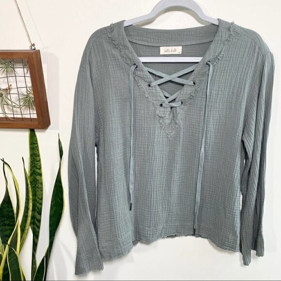 Bella Dahl textured cotton lace up blouse medium - Picture 2 of 6